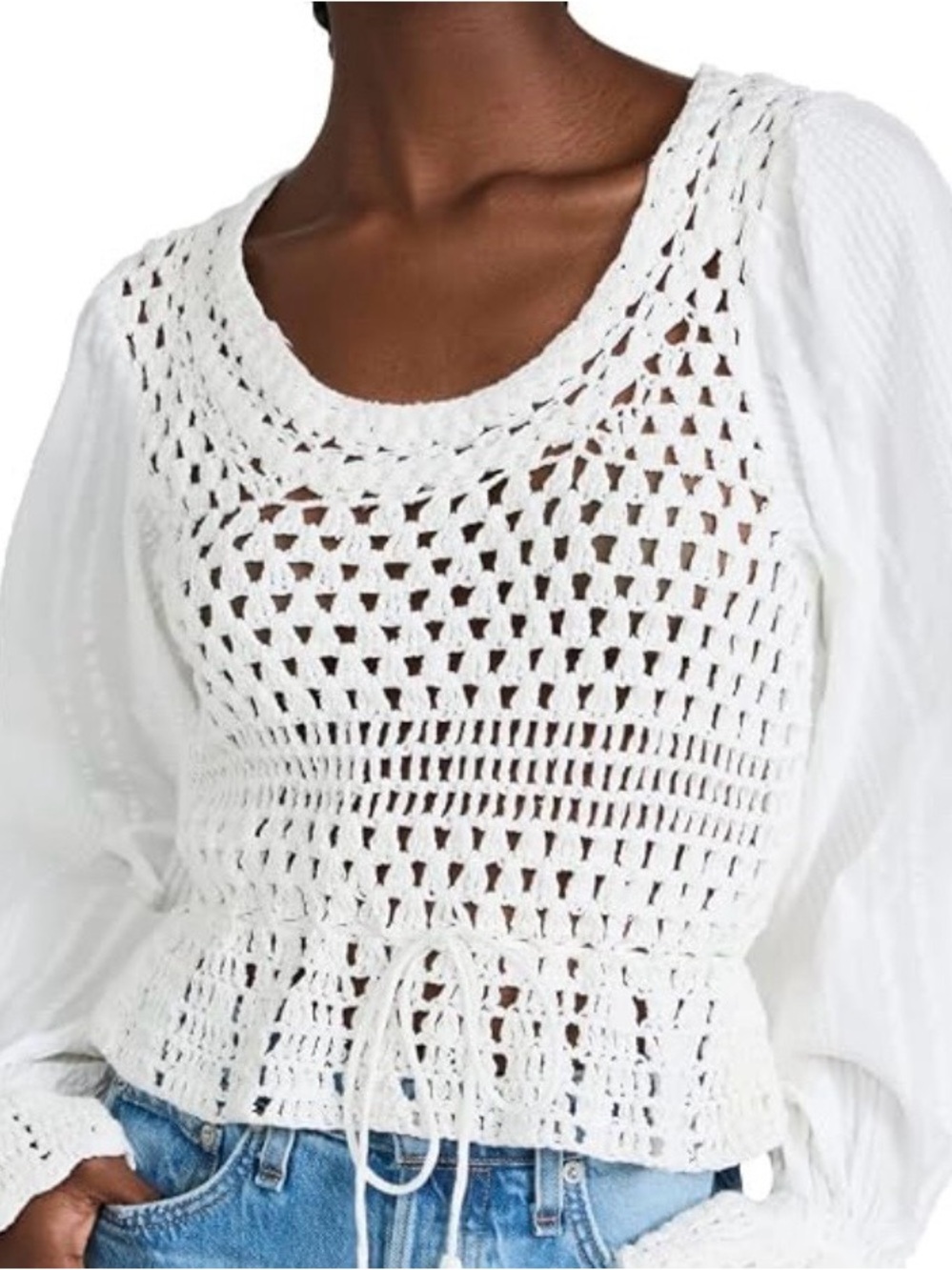 Free People White Crochet Drawstring Waist Women’s Top Size XL pre-owned.